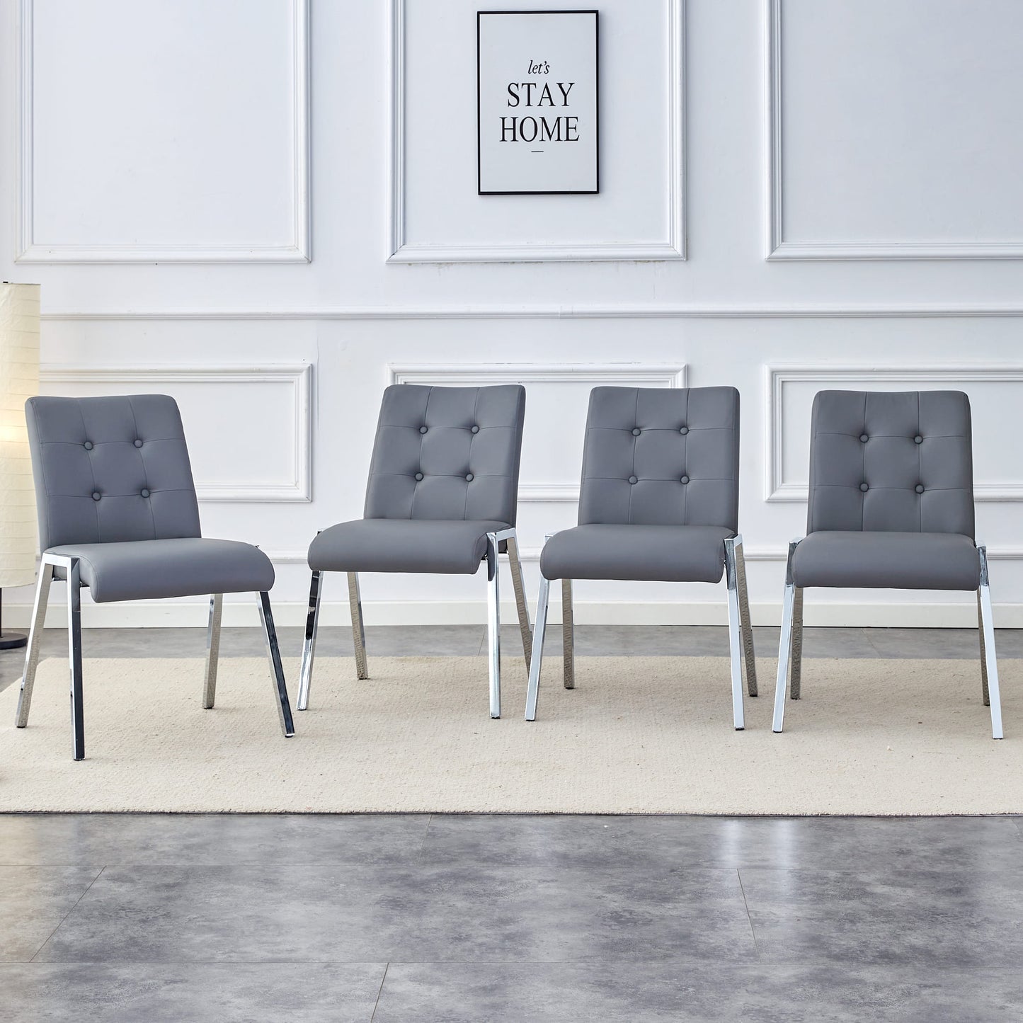 4 pcs Grid Armless Faux Leather High Back Upholstered Padded Dining Chairs- Grey_0