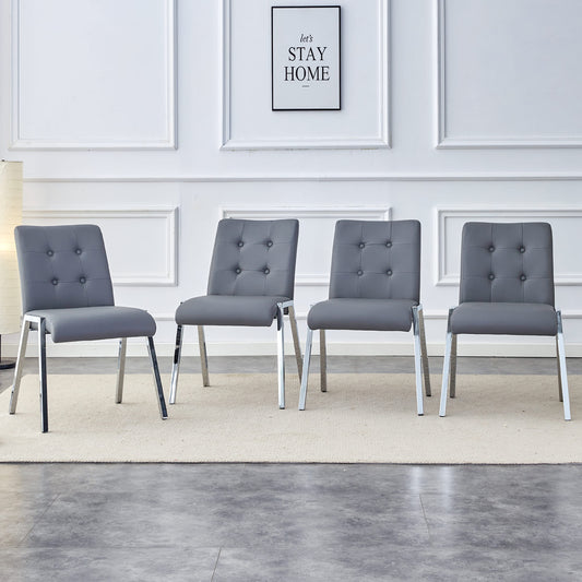 4 pcs Grid Armless Faux Leather High Back Upholstered Padded Dining Chairs- Grey_0