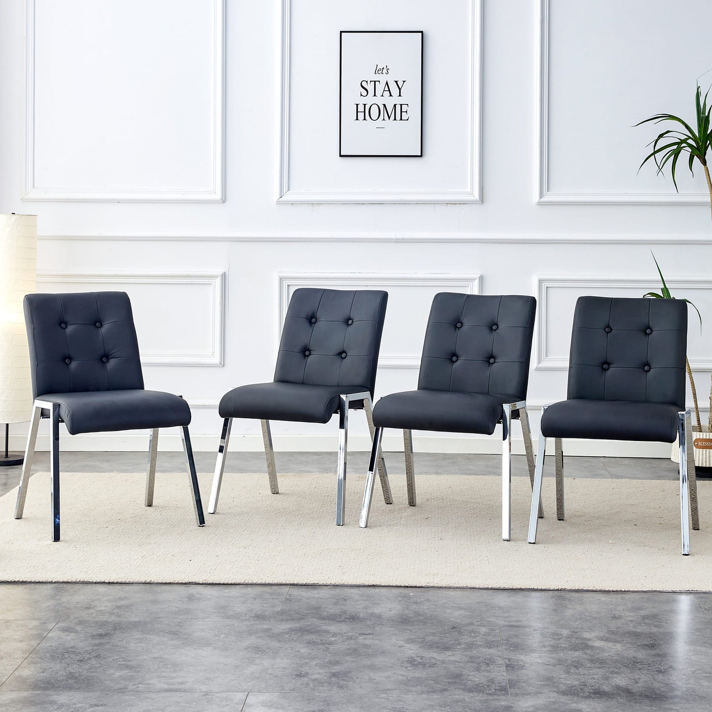 4 pcs Grid Armless Faux Leather High Back Upholstered Padded Dining Chairs- Black_19