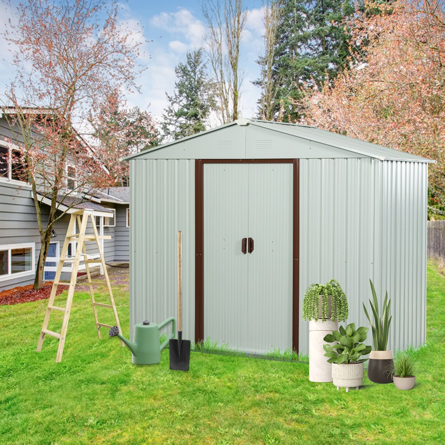 8ft x 4ft Outdoor Metal Garden Storage Shed with Lockable Sliding Door-White_8