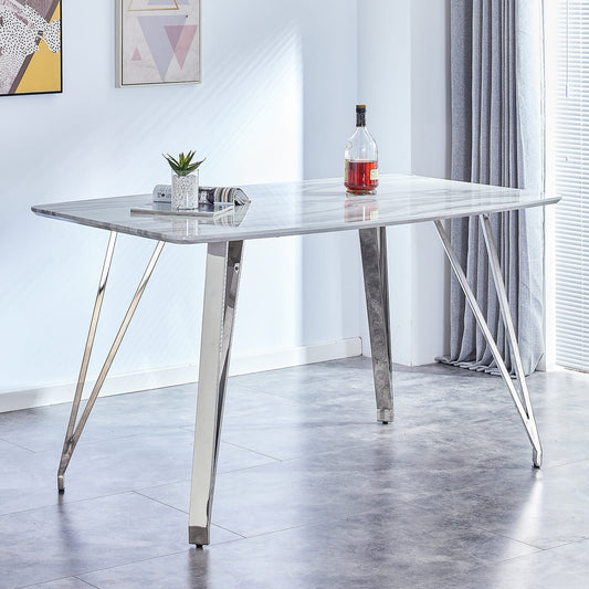 Modern Counter Height Rectangular Glass Dining Table with Silver Plated Legs_0