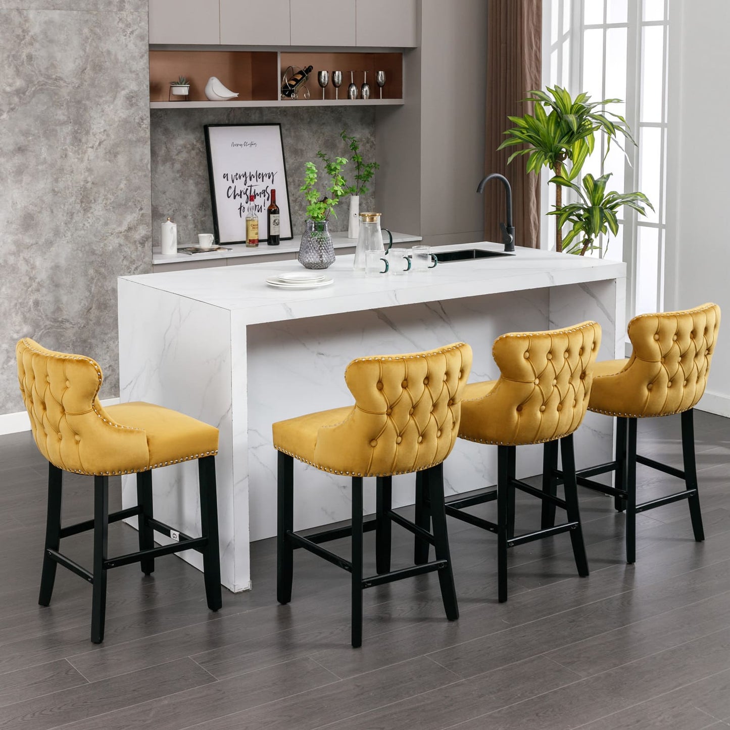 2pcs Chrome Accent Wingback Bar Stools Tufted Velvet with Nailhead and Black Legs- Gold, Black_0