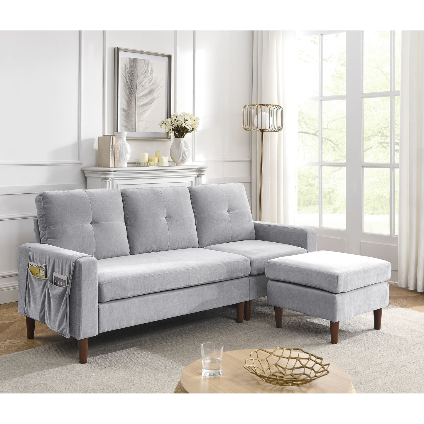 3 Seats L-shape Convertible Sectional Sofa with Removable Cushions and Pocket- Grey_0