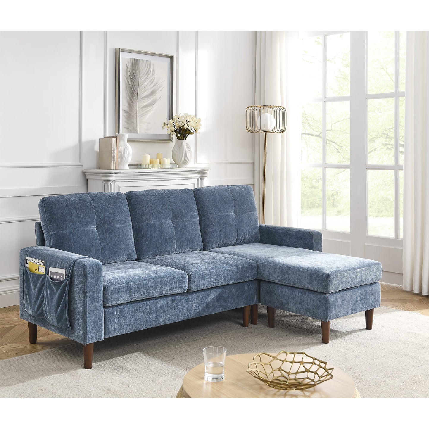3 Seats L-shape Convertible Sectional Sofa with Removable Cushions and Pocket- Navy_0