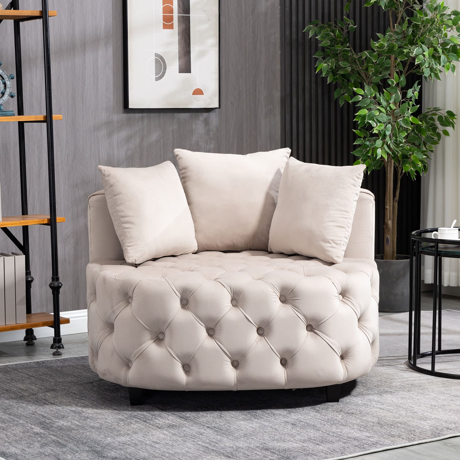 Tufted Upholstered Classical Living Room Barrel Accent Chair with Pillows- Khaki_1