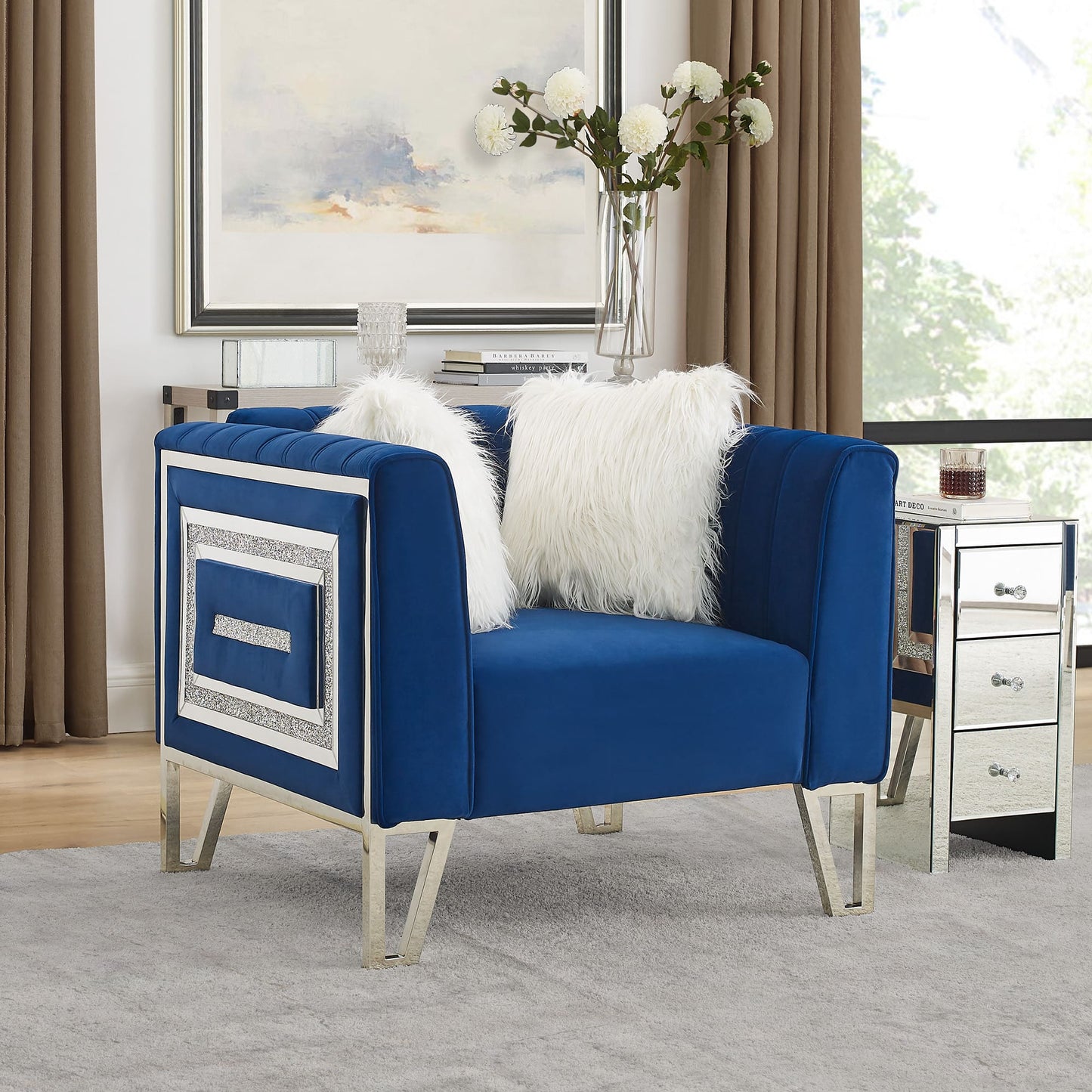 Sofa Chair with Mirrored Side Trim with Faux Diamonds and Stainless Steel Legs- Blue_1