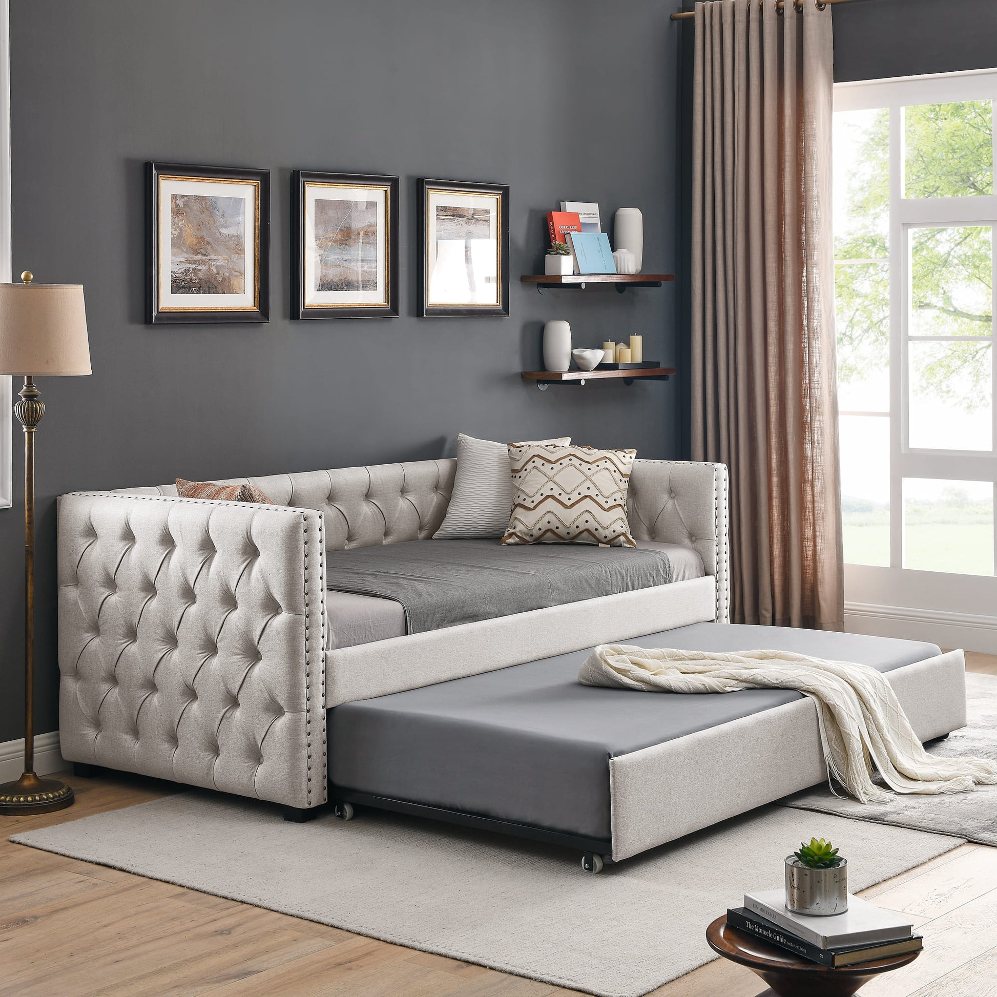 Twin Size Daybed with Trundle Upholstered Tufted Sofa Bed with Button and Copper Nails- Beige_1