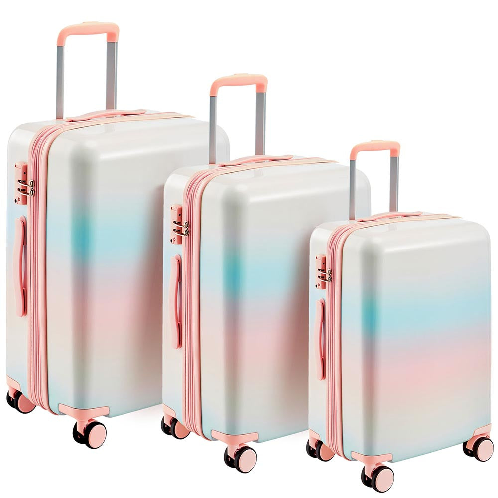 3 Piece Lightweight Hard-shell PC Luggage Sets double spinner 8 wheels Suitcase with TSA Lock - Rainbow White_0