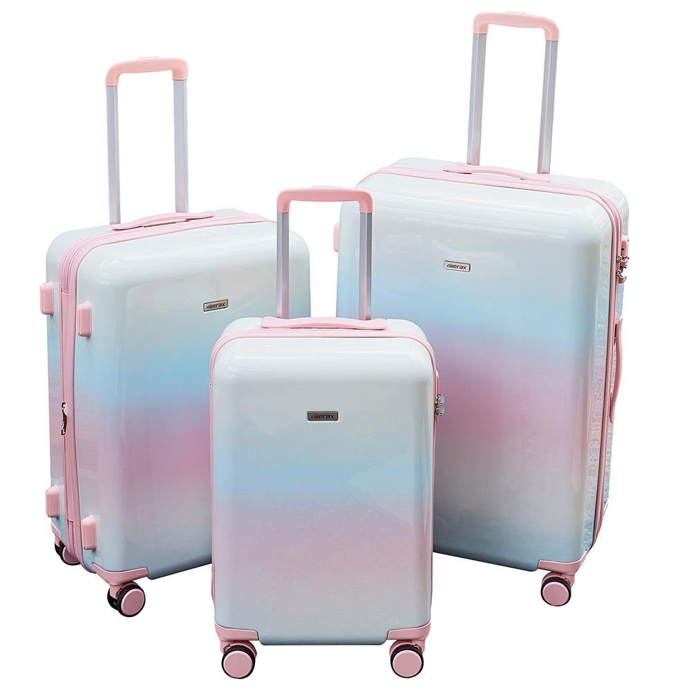 3 Piece Lightweight Hard-shell PC Luggage Sets double spinner 8 wheels Suitcase with TSA Lock - Rainbow White_2