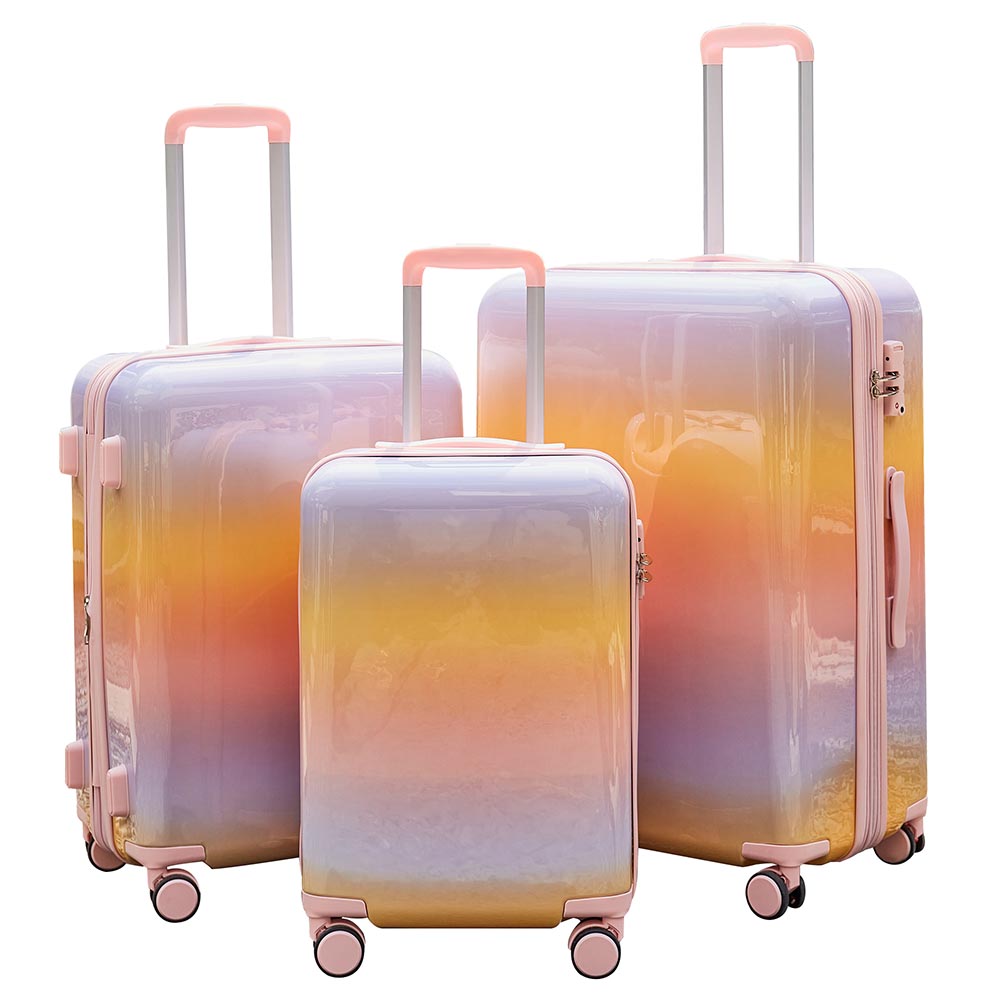 3 Piece Lightweight Hard-shell PC Luggage Sets double spinner 8 wheels Suitcase with TSA Lock - Rainbow Purple_1