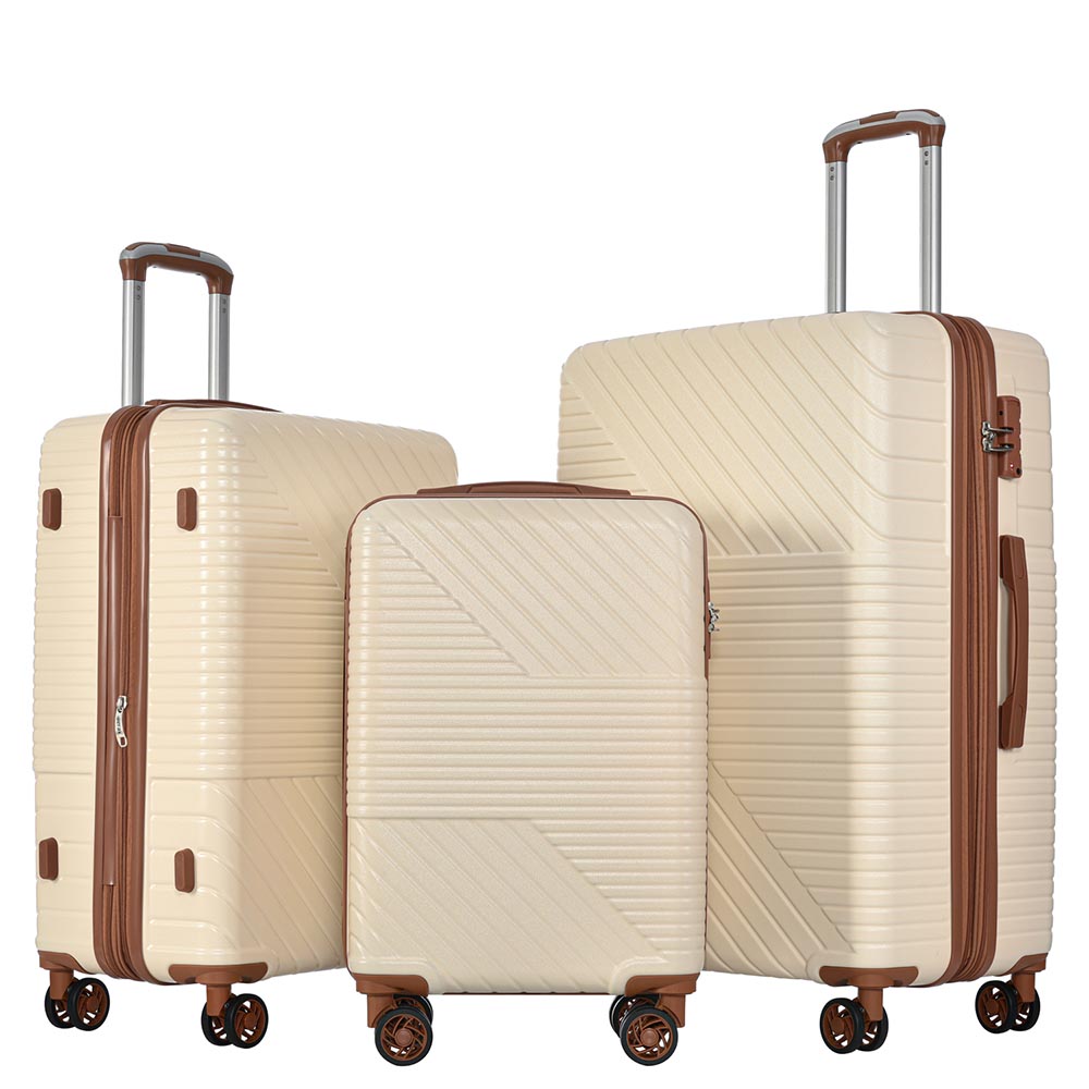 3-Piece Lightweight Hard-shell Luggage Set with Double Spinner Wheels and TSA Lock - Cream and Brown_0