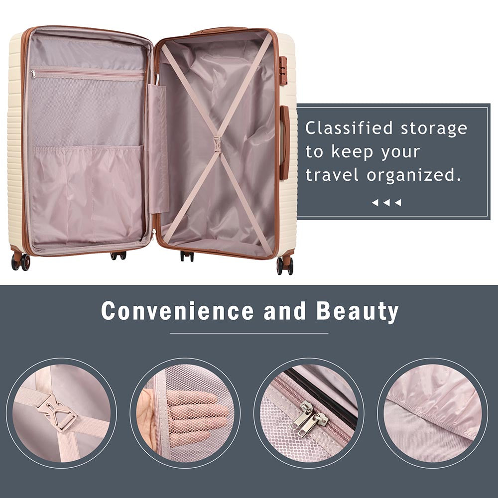 3-Piece Lightweight Hard-shell Luggage Set with Double Spinner Wheels and TSA Lock - Cream and Brown_12