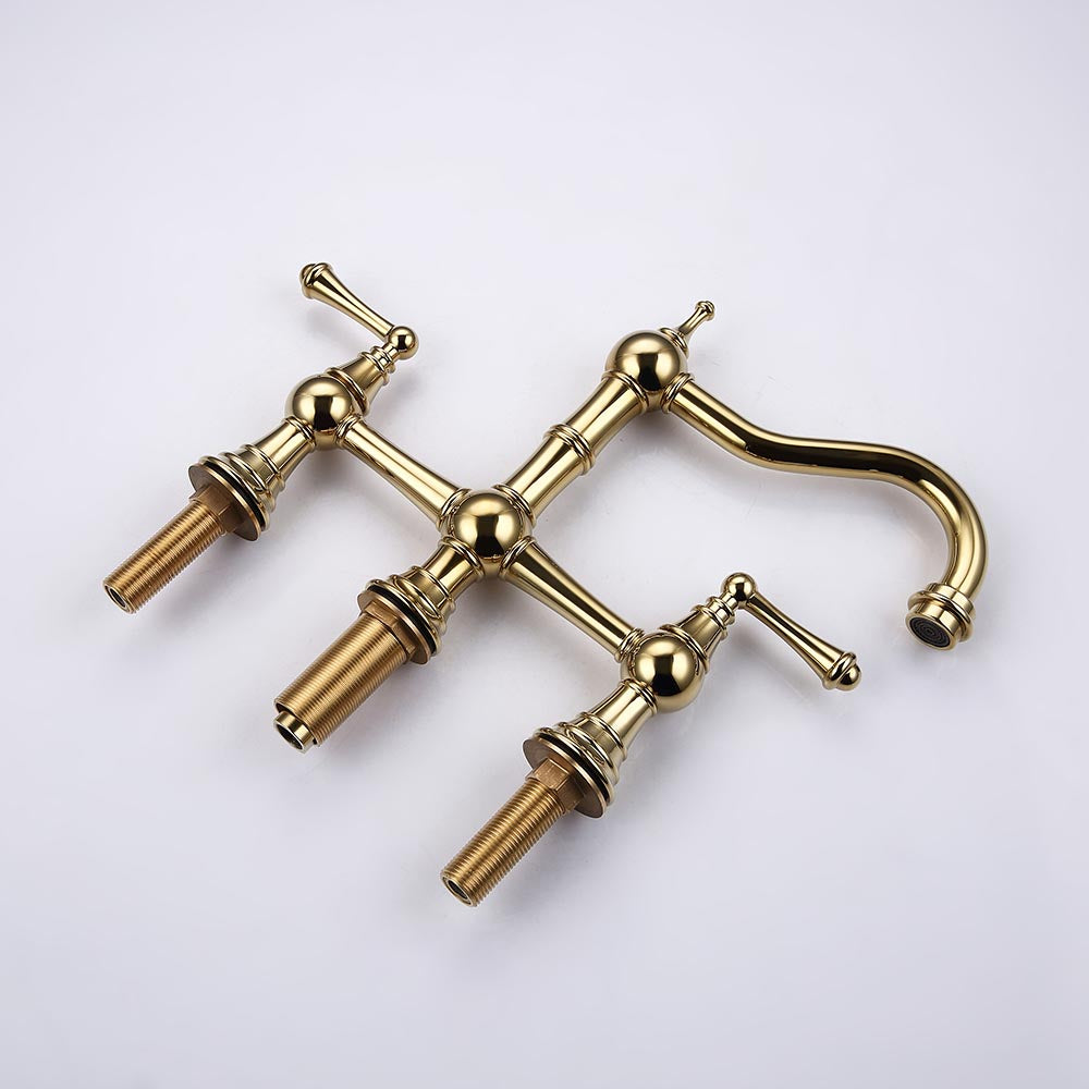 Bridge Dual Handles Kitchen Faucet With Pull-Out Side Spray - Gold_6