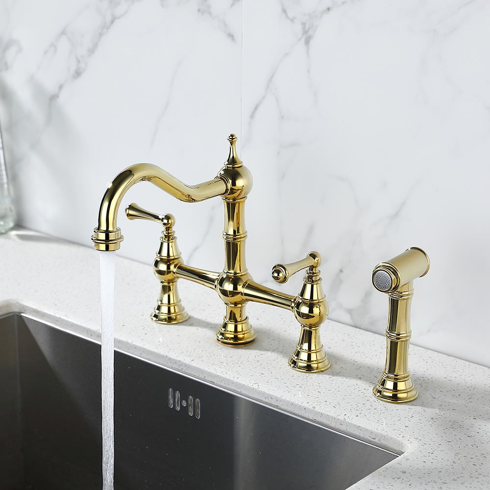 Bridge Dual Handles Kitchen Faucet With Pull-Out Side Spray - Gold_7