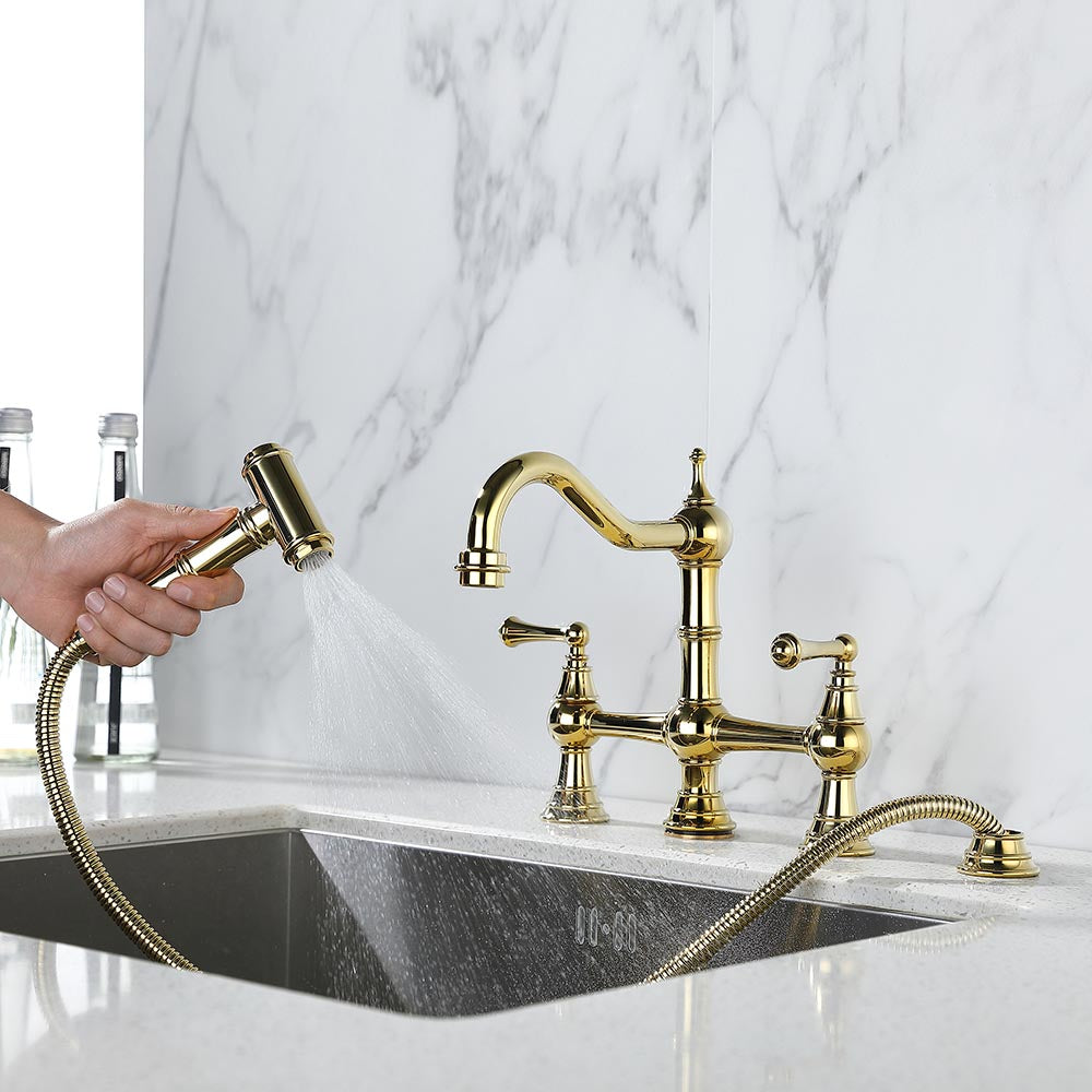 Bridge Dual Handles Kitchen Faucet With Pull-Out Side Spray - Gold_8