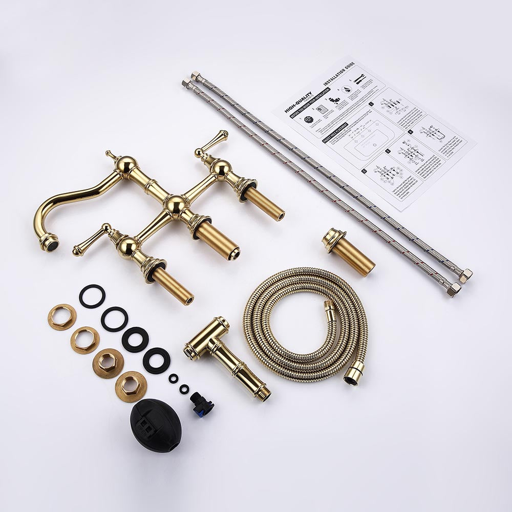 Bridge Dual Handles Kitchen Faucet With Pull-Out Side Spray - Gold_9