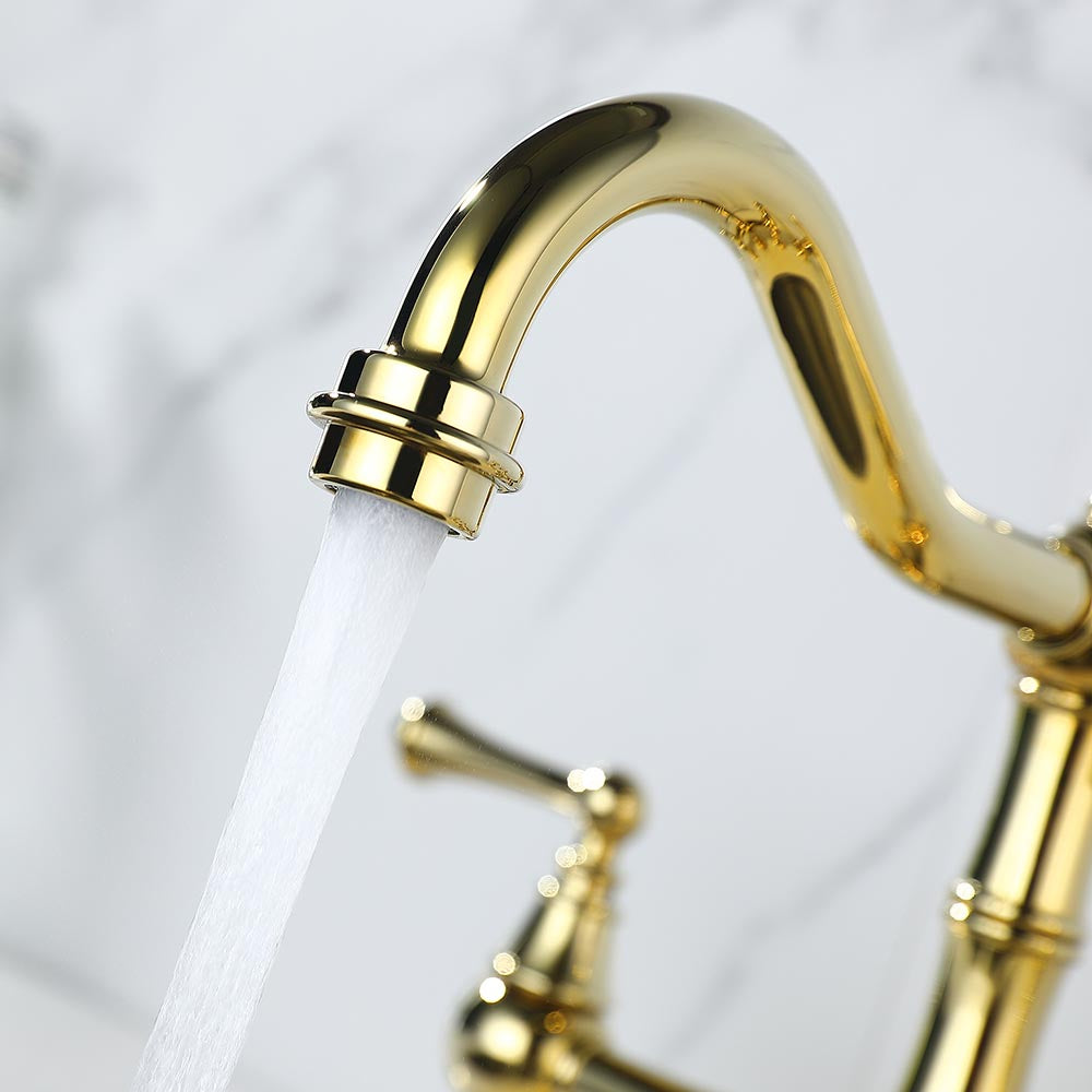 Bridge Dual Handles Kitchen Faucet With Pull-Out Side Spray - Gold_2