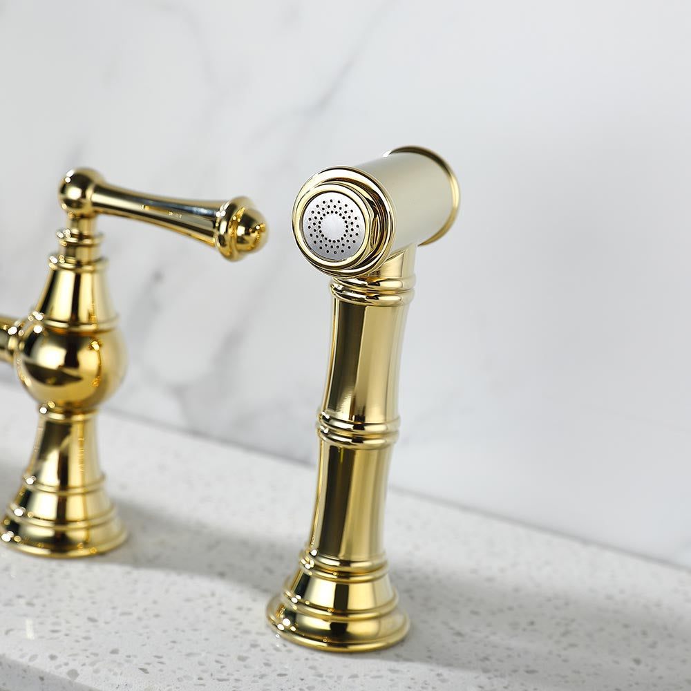 Bridge Dual Handles Kitchen Faucet With Pull-Out Side Spray - Gold_3