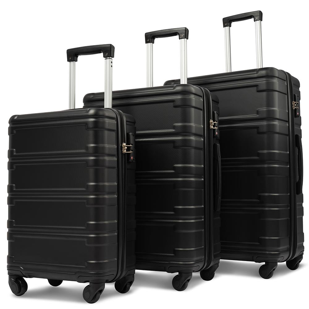 Set of 3 Hard-shell Lightweight Spinner Suitcase with TSA Lock - Black_0