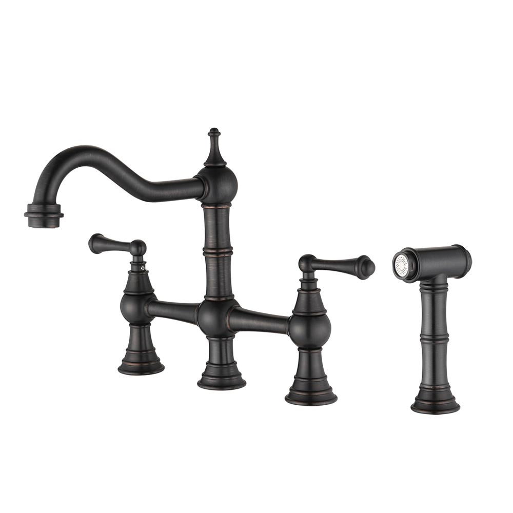 8 inch Centerset Bridge Kitchen Faucet with Brass Side Sprayer 2 Handles 4 Holes Antique Classic - Bronze_0