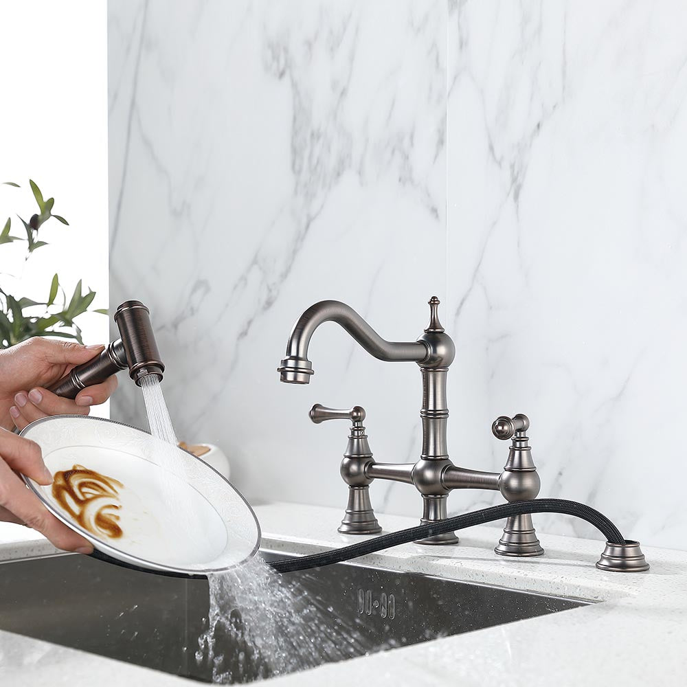 8 inch Centerset Bridge Kitchen Faucet with Brass Side Sprayer 2 Handles 4 Holes Antique Classic - Bronze_4