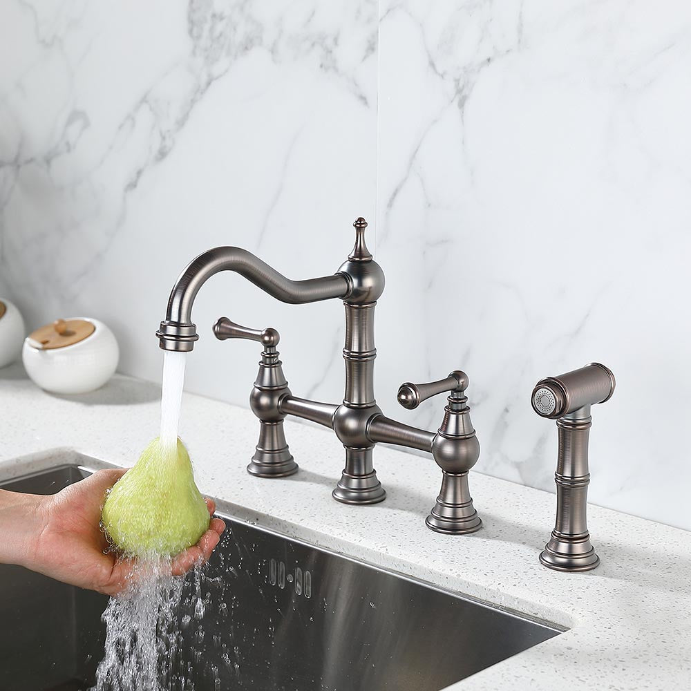 8 inch Centerset Bridge Kitchen Faucet with Brass Side Sprayer 2 Handles 4 Holes Antique Classic - Bronze_5