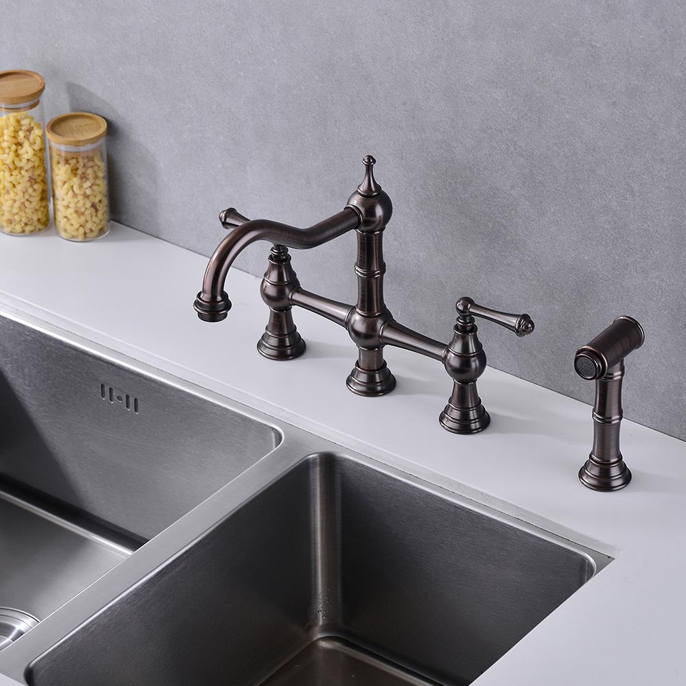 8 inch Centerset Bridge Kitchen Faucet with Brass Side Sprayer 2 Handles 4 Holes Antique Classic - Bronze_6