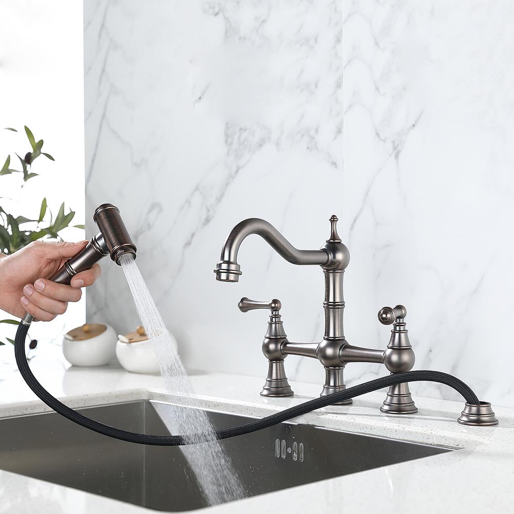 8 inch Centerset Bridge Kitchen Faucet with Brass Side Sprayer 2 Handles 4 Holes Antique Classic - Bronze_3