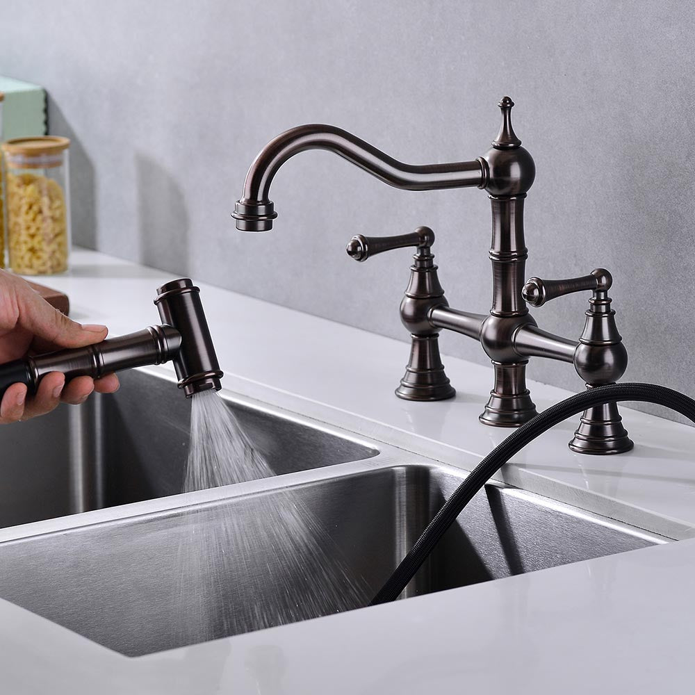 8 inch Centerset Bridge Kitchen Faucet with Brass Side Sprayer 2 Handles 4 Holes Antique Classic - Bronze_7