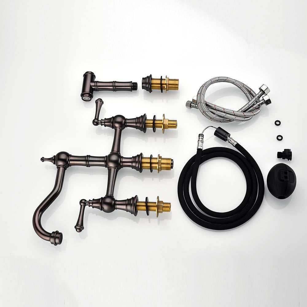 8 inch Centerset Bridge Kitchen Faucet with Brass Side Sprayer 2 Handles 4 Holes Antique Classic - Bronze_8