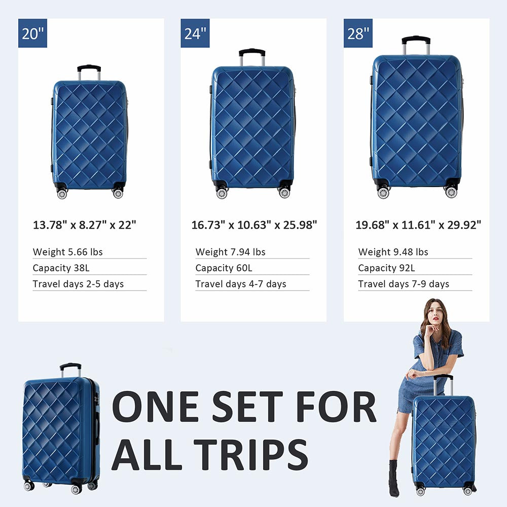 Set of 3 Pcs Lightweight Suitcase with TSA Lock and Spinner Wheels - Blue_9