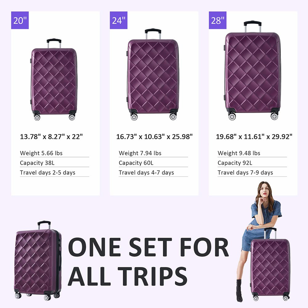 Set of 3 Lightweight Suitcase with TSA Lock and Spinner Wheels - Violet_9