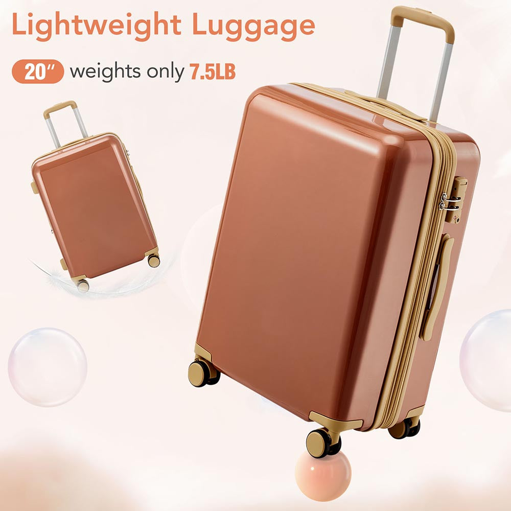 3 Piece Lightweight Hard-shell PC Luggage Sets double spinner 8 wheels Suitcase with TSA Lock - Brown_8