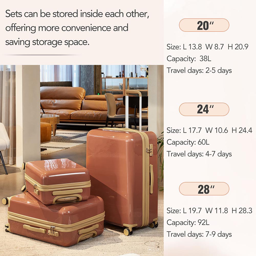 3 Piece Lightweight Hard-shell PC Luggage Sets double spinner 8 wheels Suitcase with TSA Lock - Brown_12