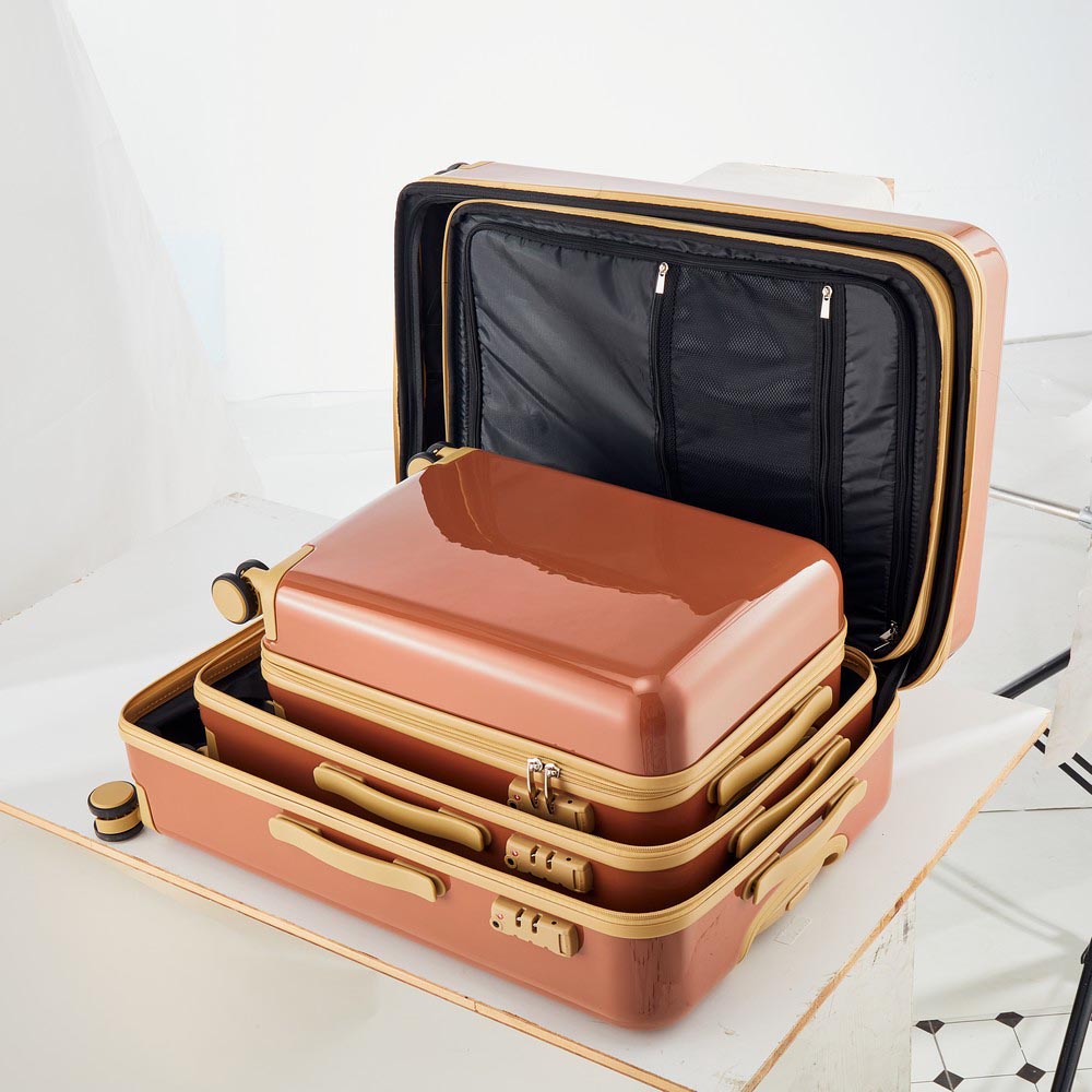 3 Piece Lightweight Hard-shell PC Luggage Sets double spinner 8 wheels Suitcase with TSA Lock - Brown_13