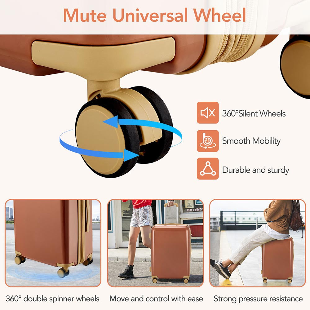 3 Piece Lightweight Hard-shell PC Luggage Sets double spinner 8 wheels Suitcase with TSA Lock - Brown_10