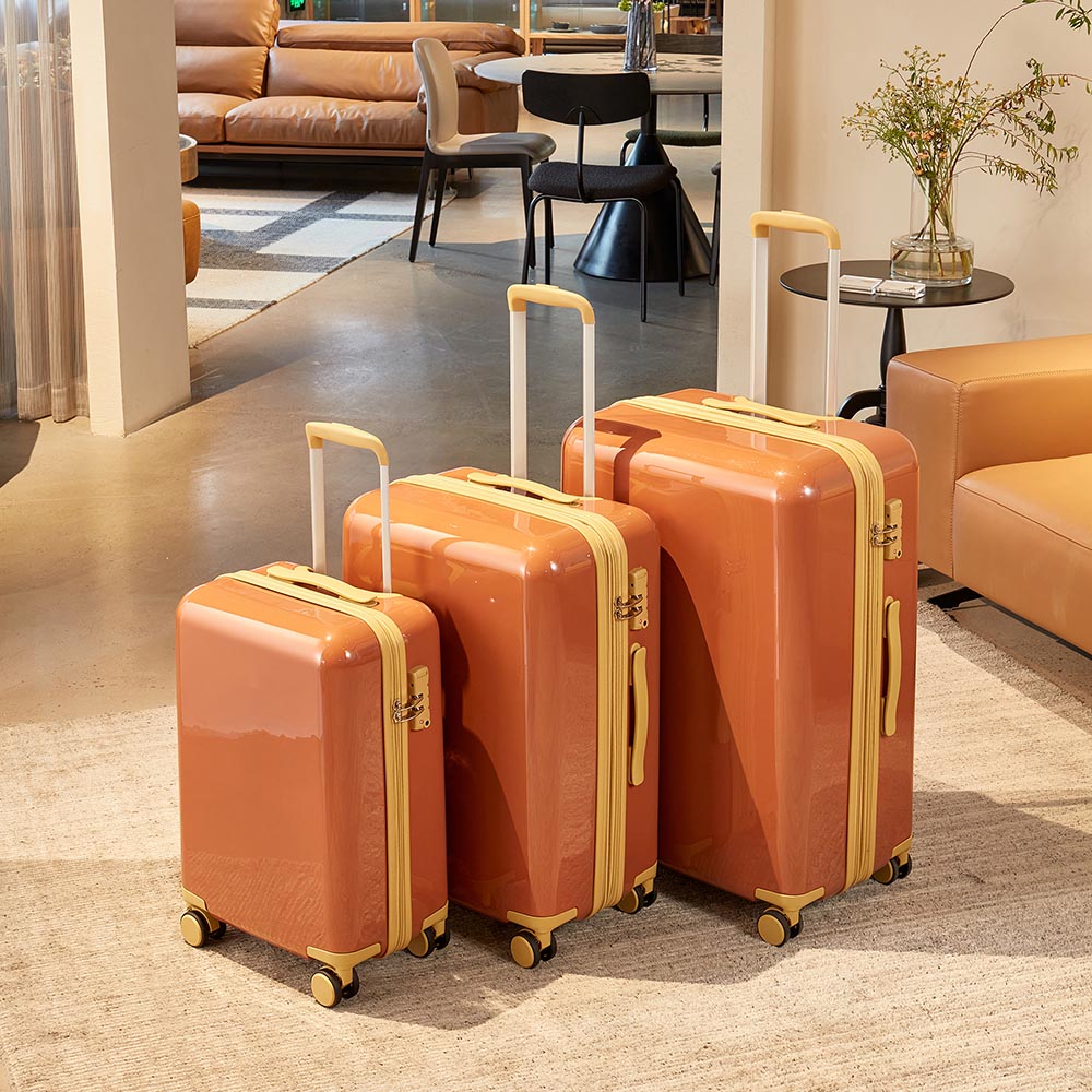 3 Piece Lightweight Hard-shell PC Luggage Sets double spinner 8 wheels Suitcase with TSA Lock - Brown_14