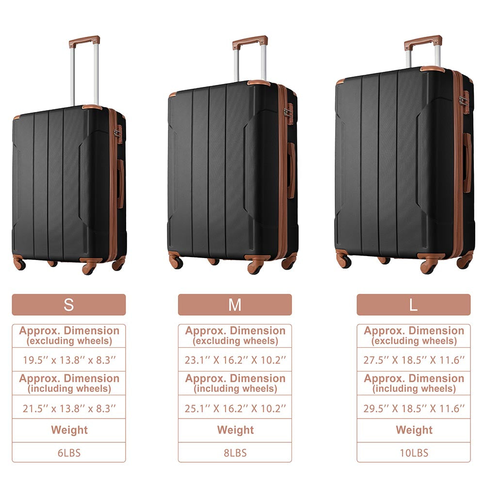 3-Piece Lightweight Hard-shell Spinner Luggage Set with TSA Lock - Black plus Brown_8