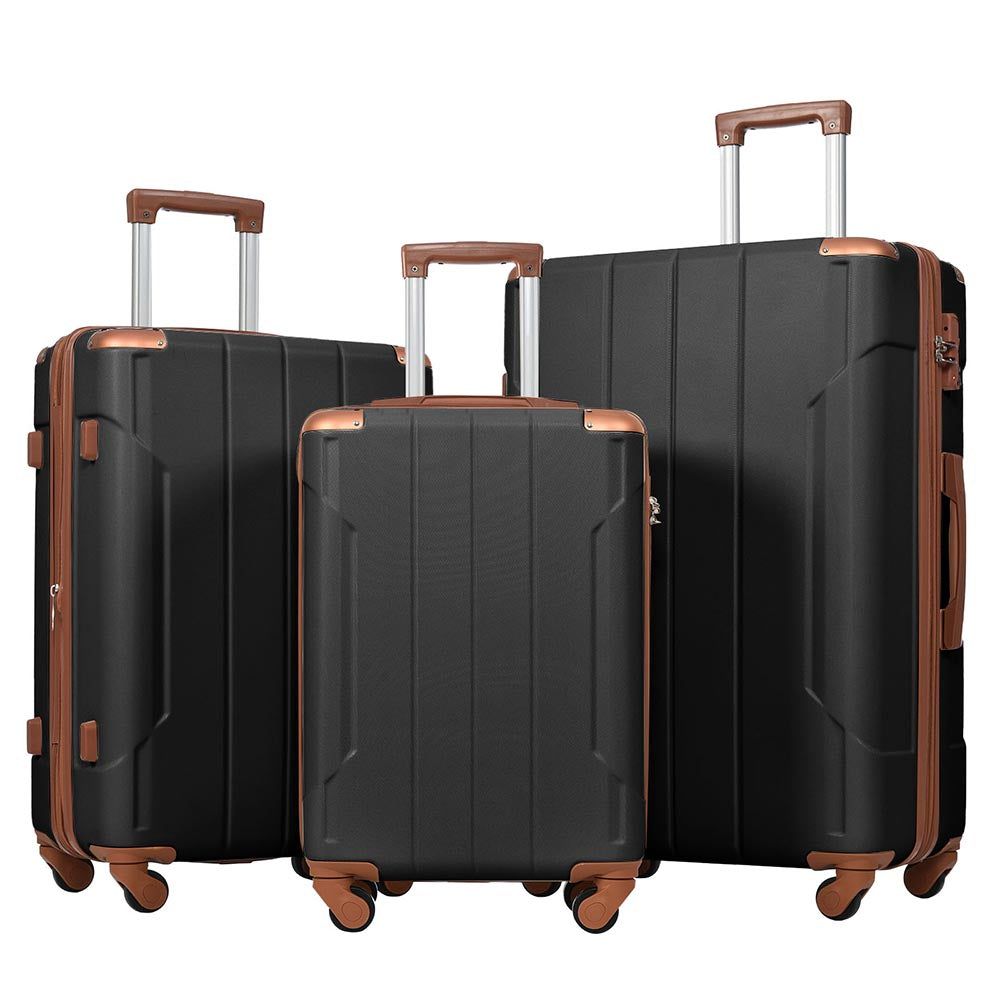 3-Piece Lightweight Hard-shell Spinner Luggage Set with TSA Lock - Black plus Brown_1