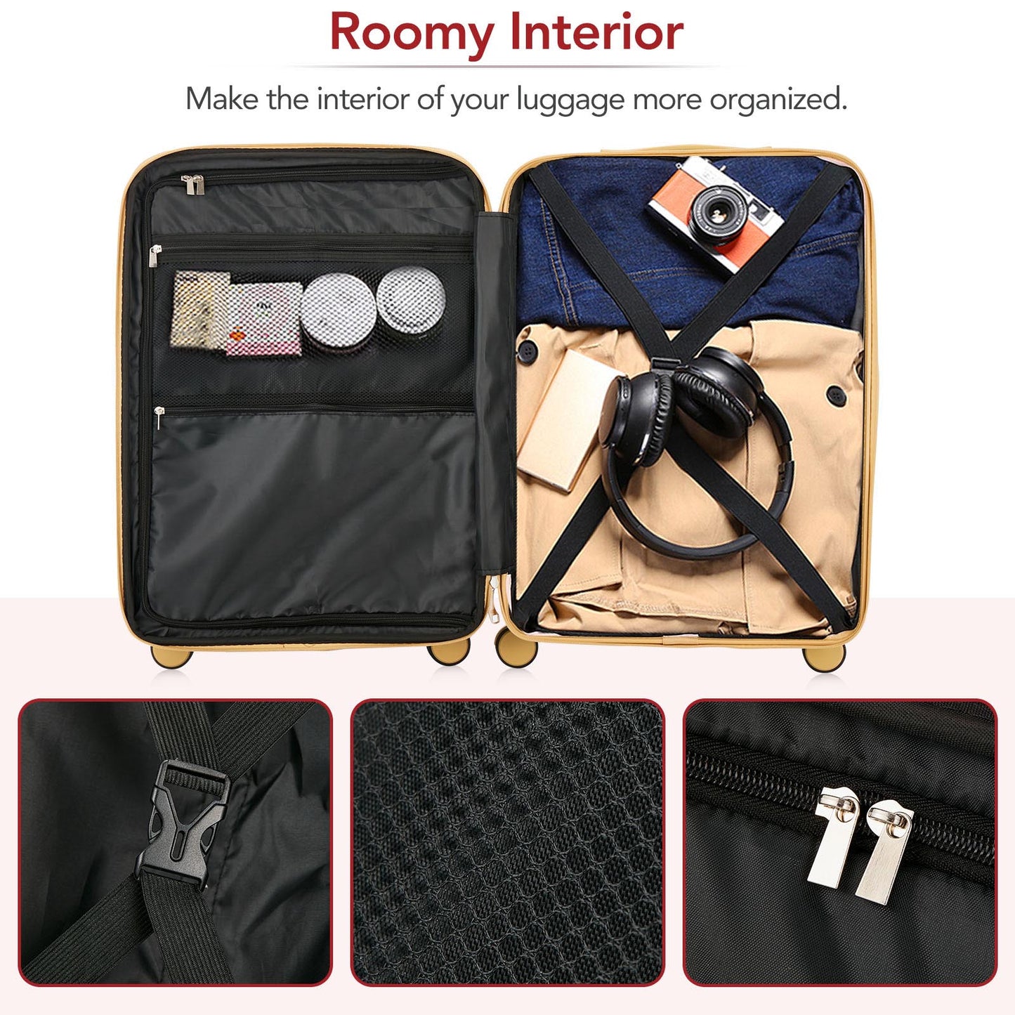 3 Piece Lightweight Hard-shell PC Luggage Sets double spinner 8 wheels Suitcase with TSA Lock - Red_8