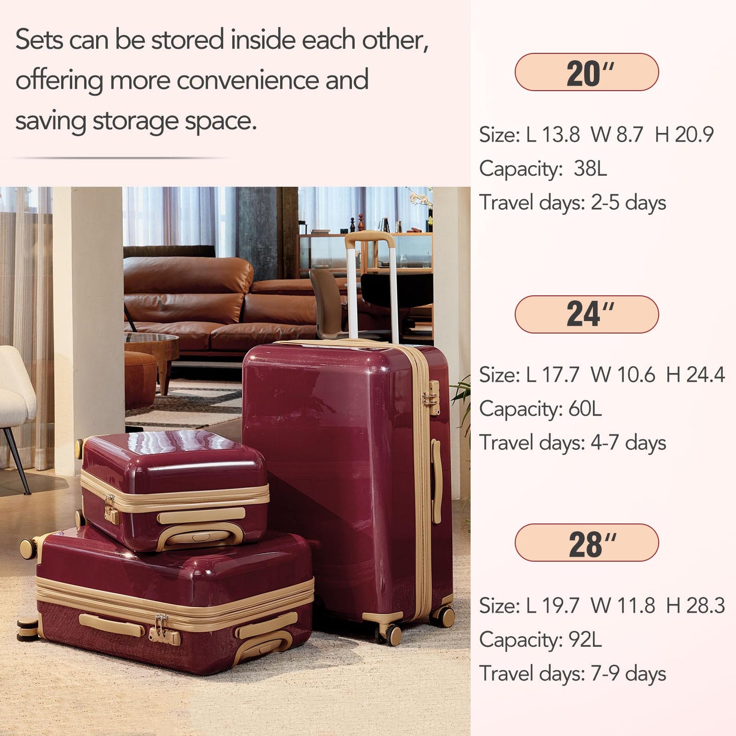 3 Piece Lightweight Hard-shell PC Luggage Sets double spinner 8 wheels Suitcase with TSA Lock - Red_10