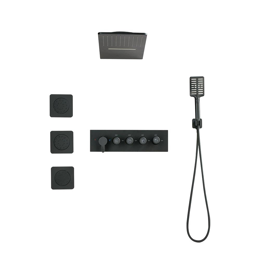 Wall Mounted Waterfall Rain Shower System With 3 Body Sprays & Handheld Shower - Black_0
