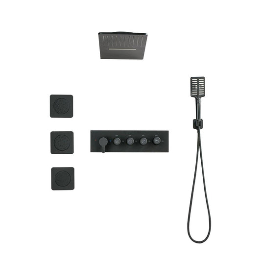 Wall Mounted Waterfall Rain Shower System With 3 Body Sprays & Handheld Shower - Black_0