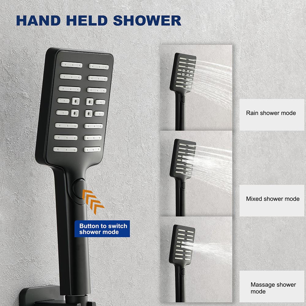 Wall Mounted Waterfall Rain Shower System With 3 Body Sprays & Handheld Shower - Black_3