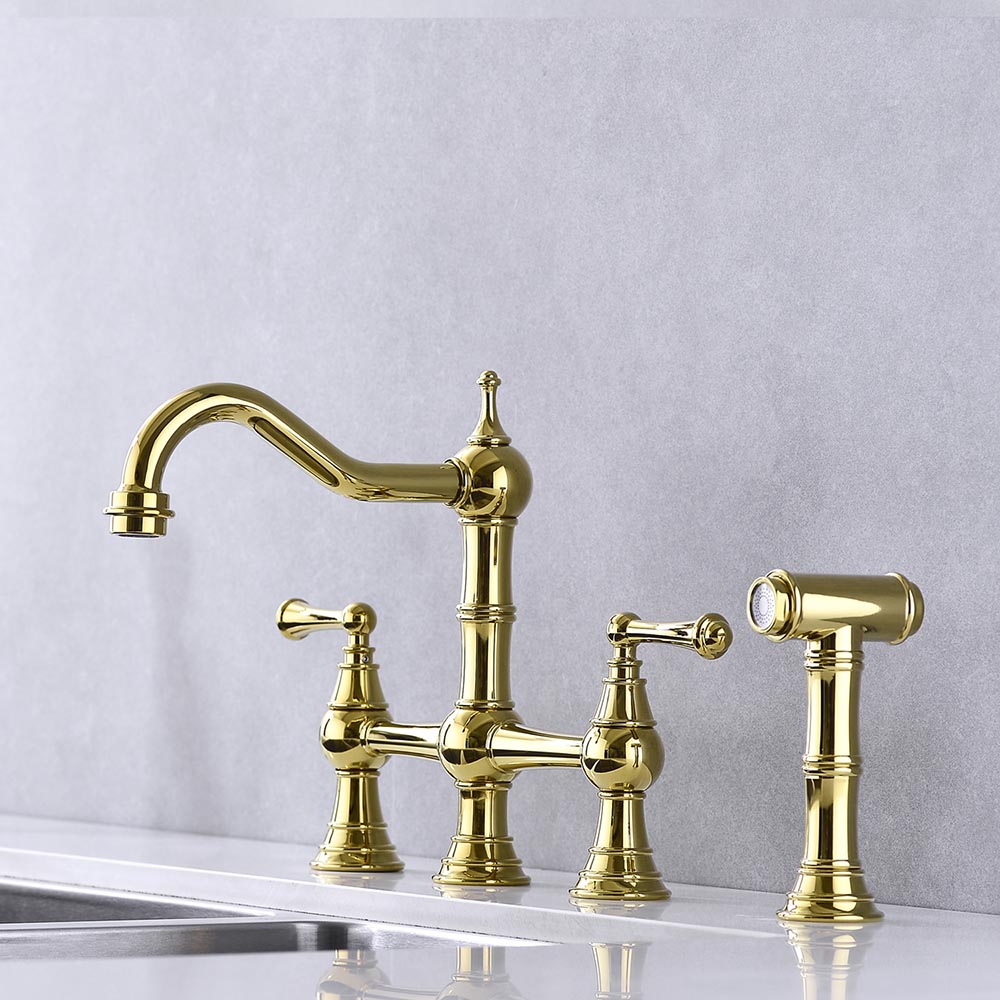 Bridge Dual Handles Kitchen Faucet With Pull-Out Side Spray - Gold_3