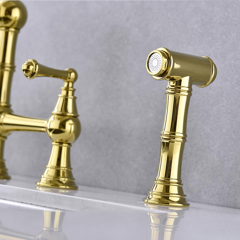 Bridge Dual Handles Kitchen Faucet With Pull-Out Side Spray - Gold_7
