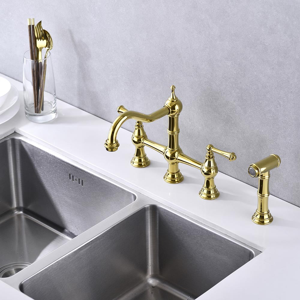 Bridge Dual Handles Kitchen Faucet With Pull-Out Side Spray - Gold_10