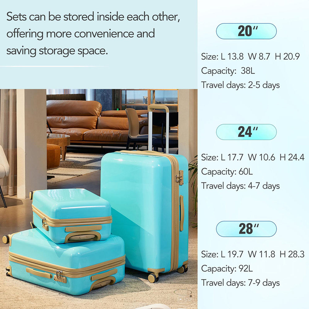 3 Piece Lightweight Hard-shell PC Luggage Sets double spinner 8 wheels Suitcase with TSA Lock - Teal Blue_13