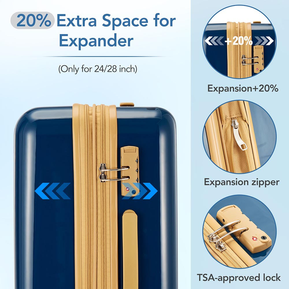 3 Piece Lightweight Hard-shell PC Luggage Sets double spinner 8 wheels Suitcase with TSA Lock - Blue_9