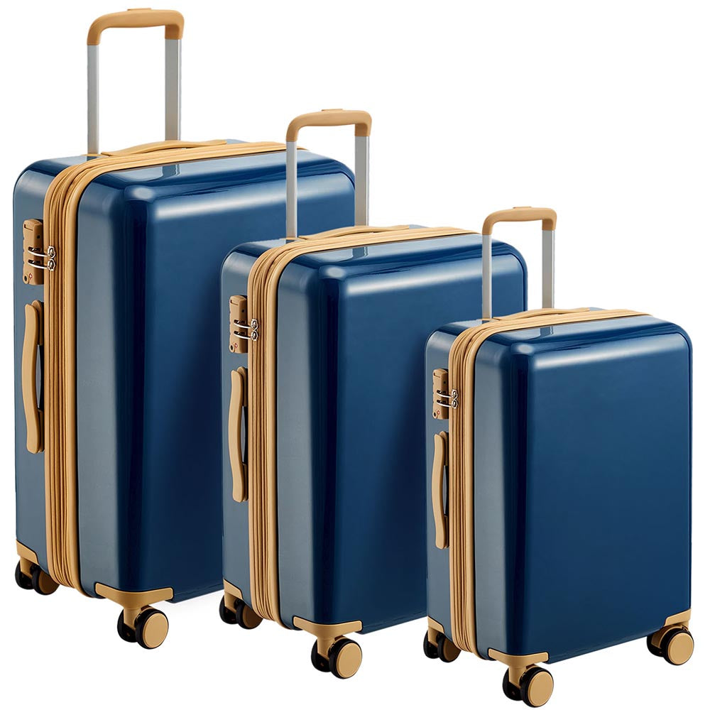 3 Piece Lightweight Hard-shell PC Luggage Sets double spinner 8 wheels Suitcase with TSA Lock - Blue_0